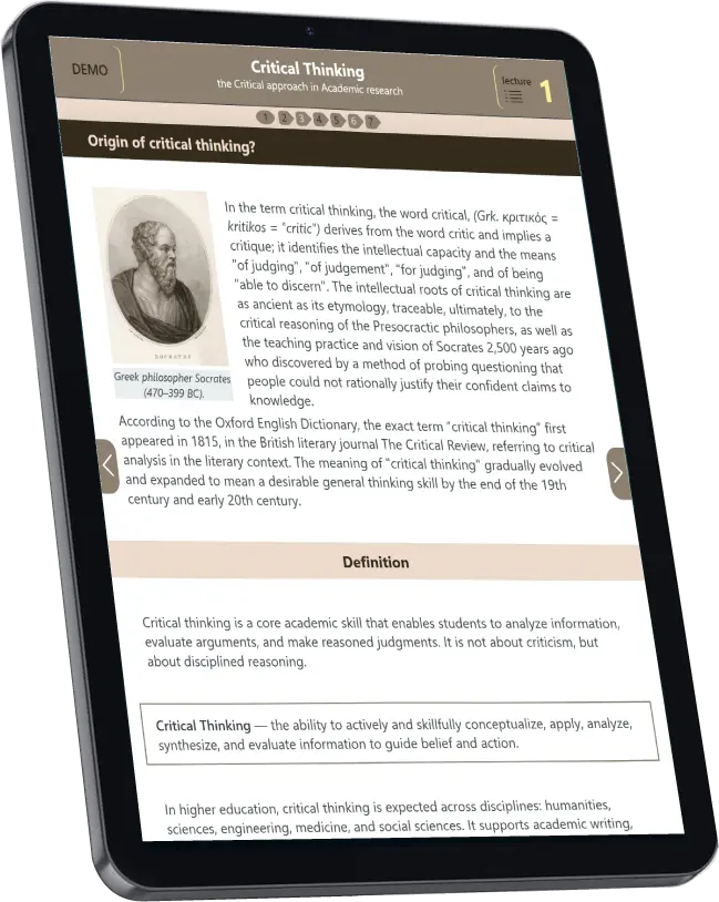 Tablet showing the Critical Thinking course: a lesson on the origin of critical thinking with a portrait of Socrates