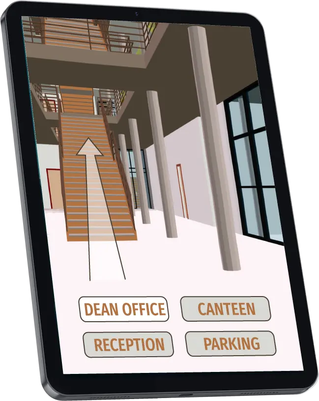 Tablet showing a 3D campus hall with a staircase and buttons: Dean office, Canteen, Reception, Parking